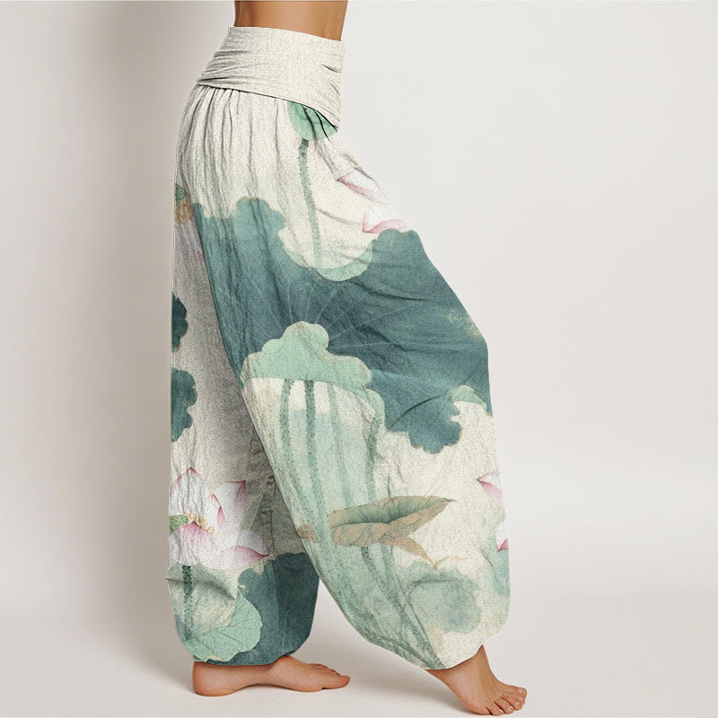 Pantalones harén con cintura elástica para mujer, con estampado de pétalos de loto y Buddha Stones - image 1