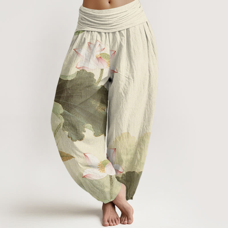 Pantalones harén con cintura elástica para mujer, con estampado de pétalos de loto y Buddha Stones - Beige - US22，UK/AU26，EU54 (6XL) - image 4