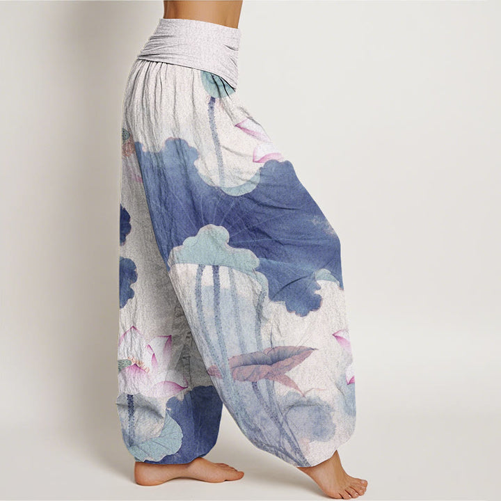 Pantalones harén con cintura elástica para mujer, con estampado de pétalos de loto y Buddha Stones - image 9