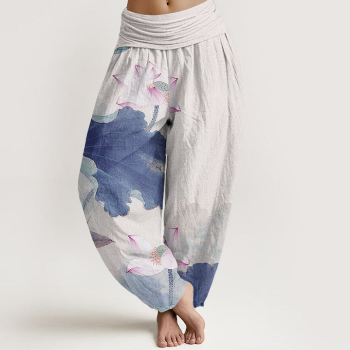 Pantalones harén con cintura elástica para mujer, con estampado de pétalos de loto y Buddha Stones - Azul real - US22，UK/AU26，EU54 (6XL) - image 8