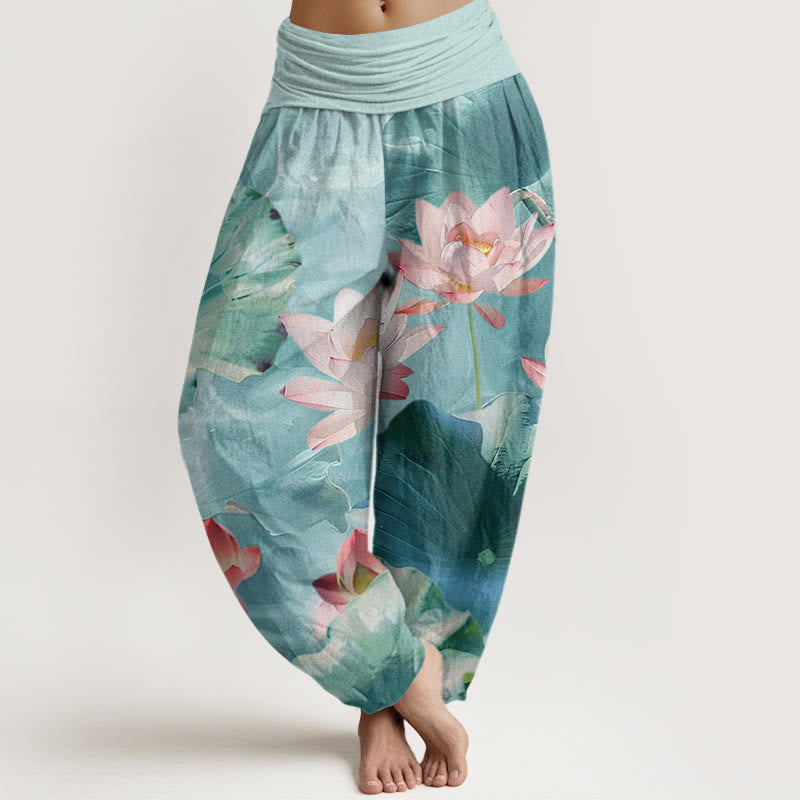 Pantalones harén informales con cintura elástica para mujer, con estampado de pétalos de loto y Buddha Stones - Turquesa pálido - US22，UK/AU26，EU54 (6XL) - image 0