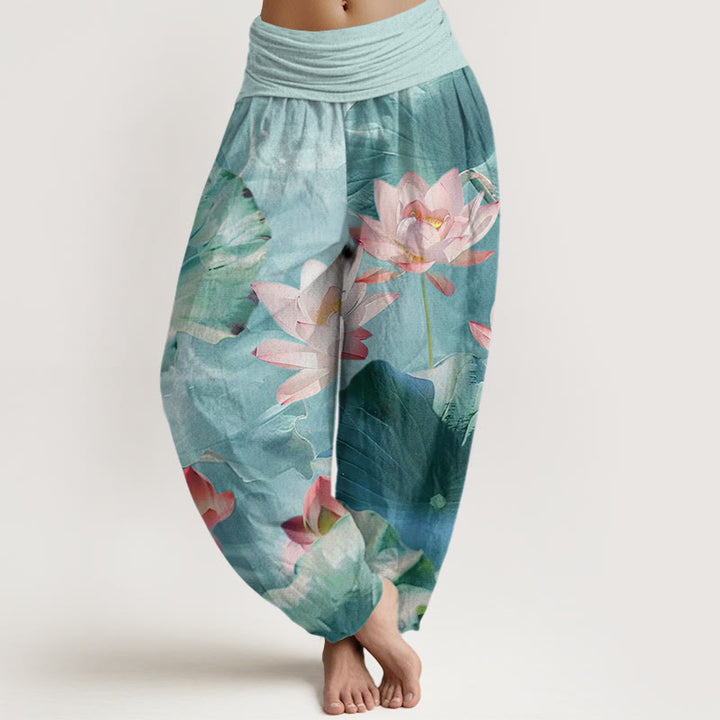 Pantalones harén informales con cintura elástica para mujer, con estampado de pétalos de loto y Buddha Stones - Turquesa pálido - US22，UK/AU26，EU54 (6XL) - image 0