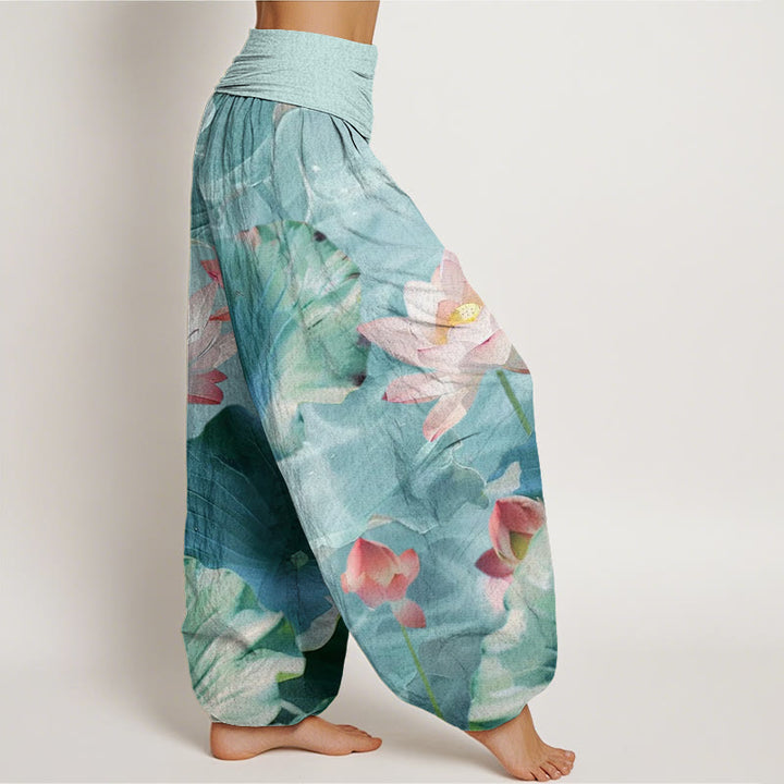 Pantalones harén informales con cintura elástica para mujer, con estampado de pétalos de loto y Buddha Stones - image 1