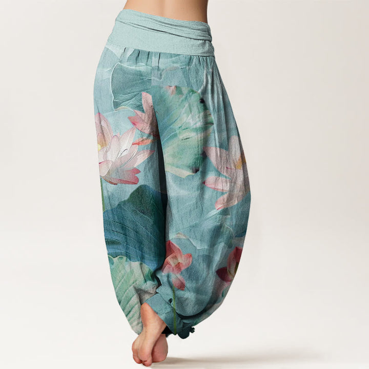 Pantalones bombachos de cintura elástica para mujer, de algodón, estilo casual, con estampado de estanque de pétalos de loto y Buddha Stones. - image 2