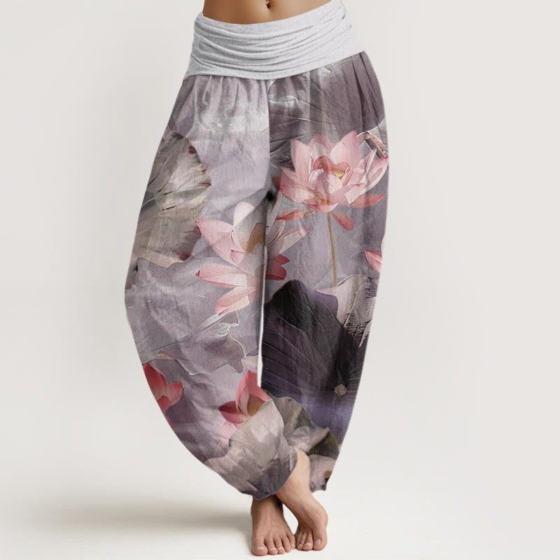Pantalones bombachos de cintura elástica para mujer, de algodón, estilo casual, con estampado de estanque de pétalos de loto y Buddha Stones. - Cardo - US22，UK/AU26，EU54 (6XL) - image 4