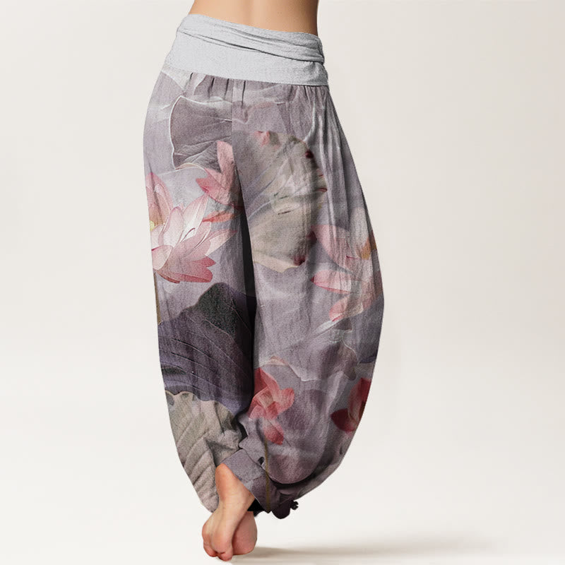 Pantalones bombachos de cintura elástica para mujer, de algodón, estilo casual, con estampado de estanque de pétalos de loto y Buddha Stones. - image 6