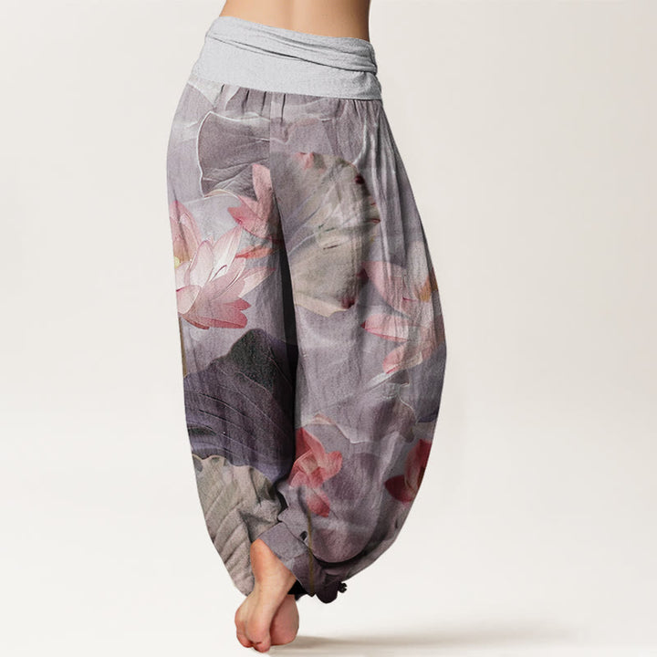 Pantalones bombachos de cintura elástica para mujer, de algodón, estilo casual, con estampado de estanque de pétalos de loto y Buddha Stones. - image 6