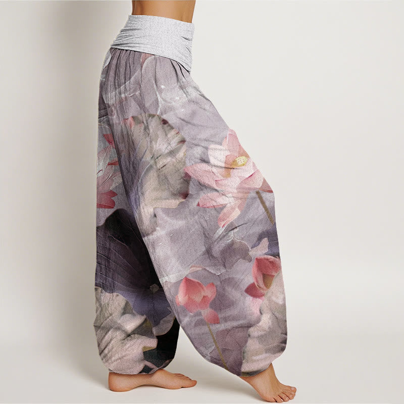 Pantalones bombachos de cintura elástica para mujer, de algodón, estilo casual, con estampado de estanque de pétalos de loto y Buddha Stones. - image 5