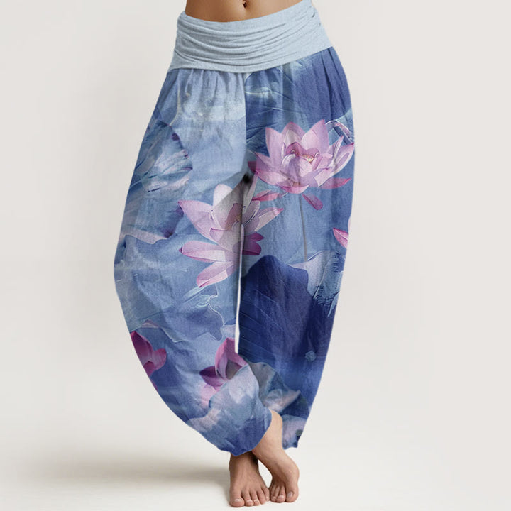 Pantalones harén informales con cintura elástica para mujer, con estampado de pétalos de loto y Buddha Stones - Azul aciano - US22，UK/AU26，EU54 (6XL) - image 8