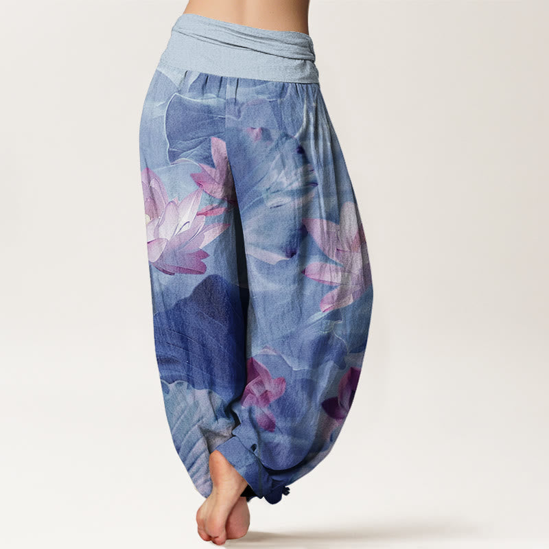 Pantalones harén informales con cintura elástica para mujer, con estampado de pétalos de loto y Buddha Stones - image 9