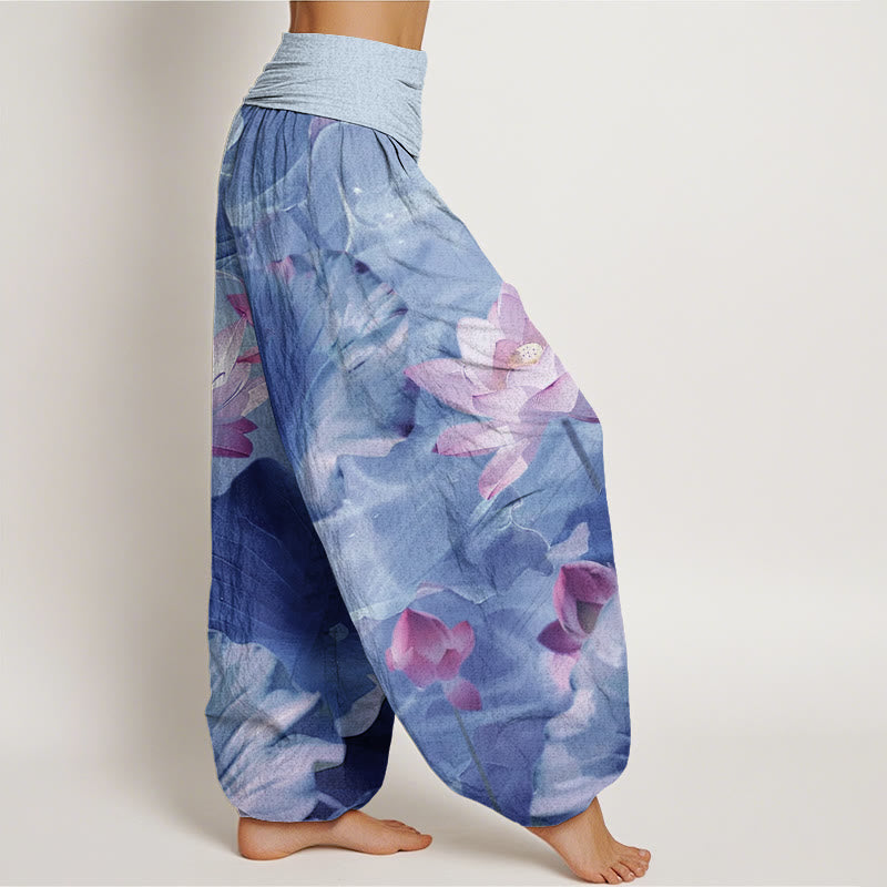 Pantalones bombachos de cintura elástica para mujer, de algodón, estilo casual, con estampado de estanque de pétalos de loto y Buddha Stones. - image 9