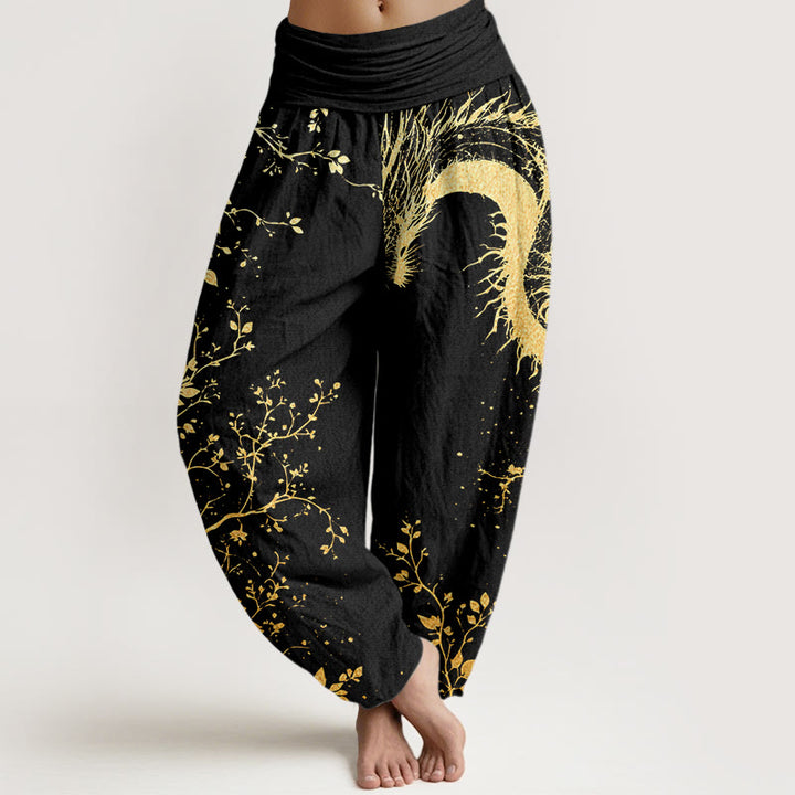 Pantalones harén con cintura elástica para mujer, con estampado de hojas, flores y dragones, estilo casual, de Buddha Stones - Negro - US22，UK/AU26，EU54 (6XL) - image 1