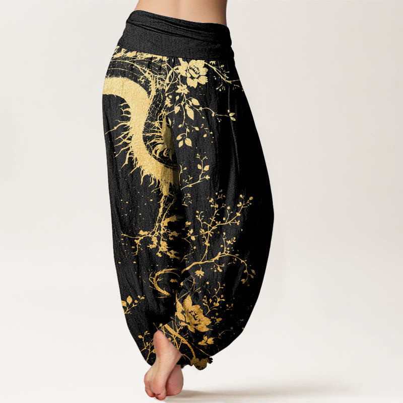 Pantalones harén con cintura elástica para mujer, con estampado de hojas, flores y dragones, estilo casual, de Buddha Stones - image 3