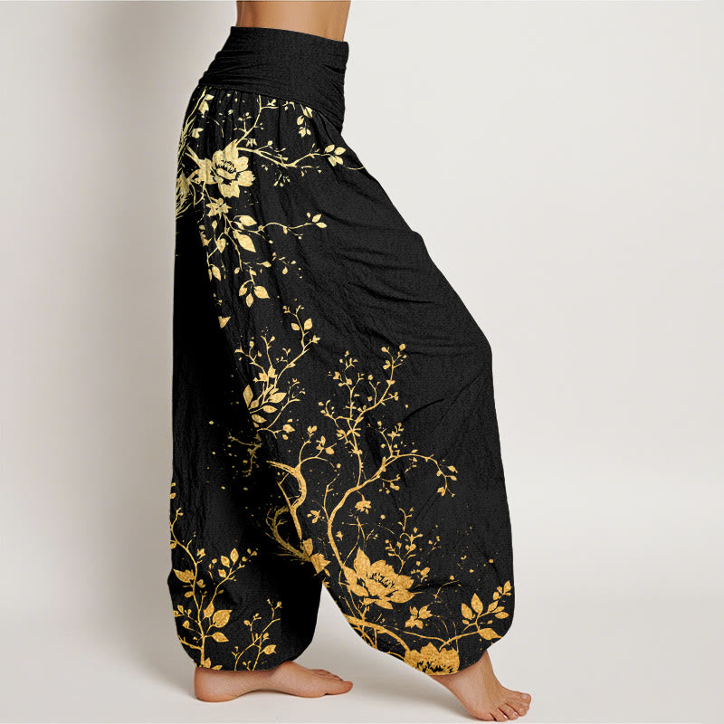 Pantalones harén con cintura elástica para mujer, con estampado de hojas, flores y dragones, estilo casual, de Buddha Stones - image 1