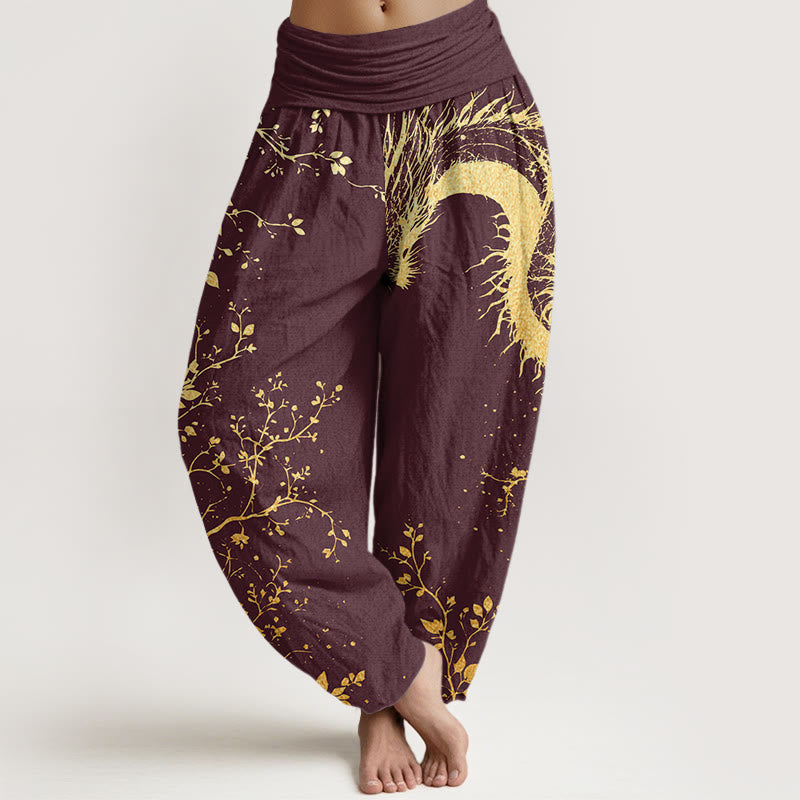 Pantalones harén con cintura elástica para mujer, con estampado de hojas, flores y dragones, estilo casual, de Buddha Stones - Granate - US22，UK/AU26，EU54 (6XL) - image 4