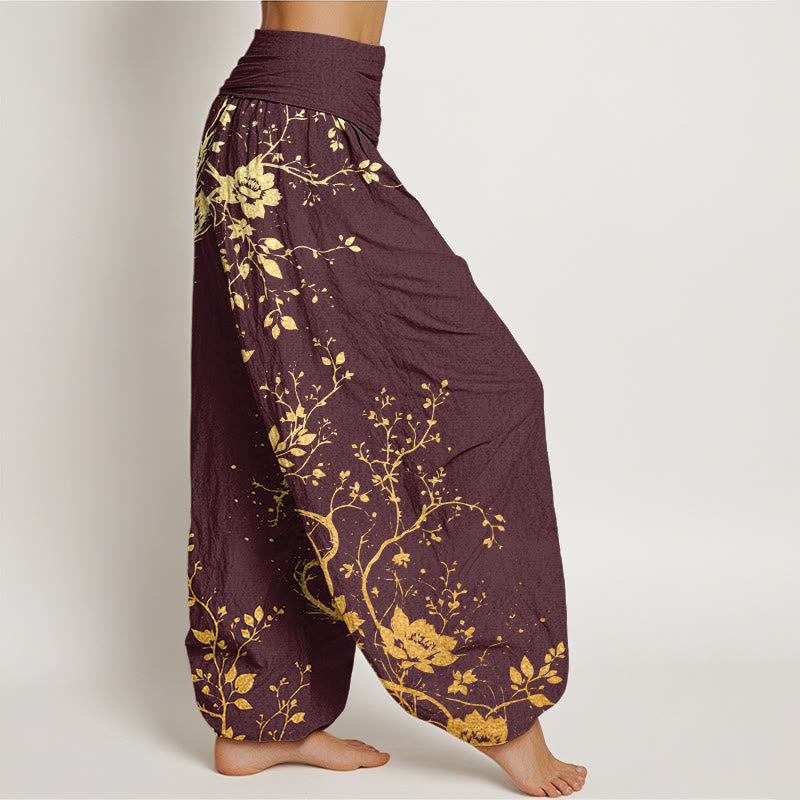 Pantalones harén con cintura elástica para mujer, con estampado de hojas, flores y dragones, estilo casual, de Buddha Stones - image 5