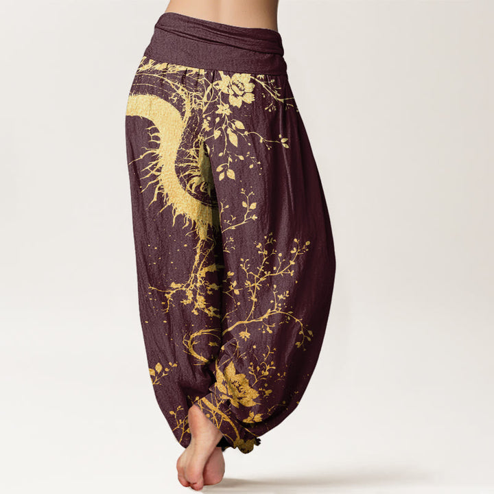 Pantalones harén con cintura elástica para mujer, con estampado de hojas, flores y dragones, estilo casual, de Buddha Stones - image 6