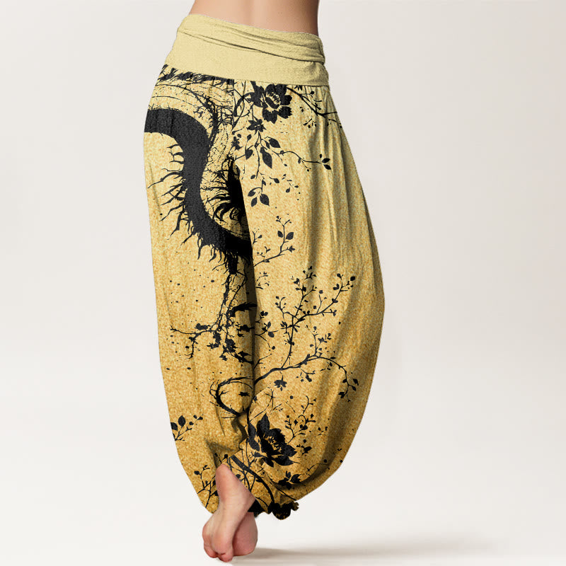Pantalones harén con cintura elástica para mujer, con estampado de hojas, flores y dragones, estilo casual, de Buddha Stones - image 10