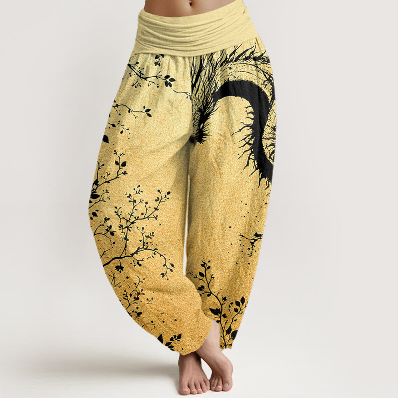 Pantalones harén con cintura elástica para mujer, con estampado de hojas, flores y dragones, estilo casual, de Buddha Stones - Caqui - US22，UK/AU26，EU54 (6XL) - image 8