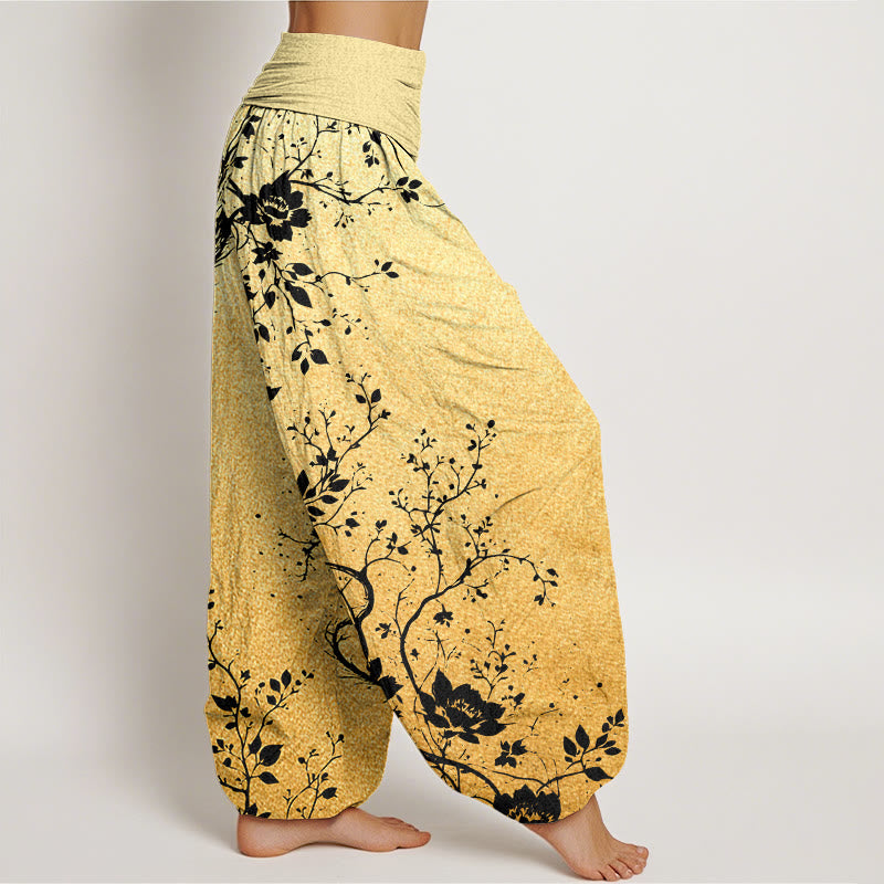 Pantalones harén con cintura elástica para mujer, con estampado de hojas, flores y dragones, estilo casual, de Buddha Stones - image 9