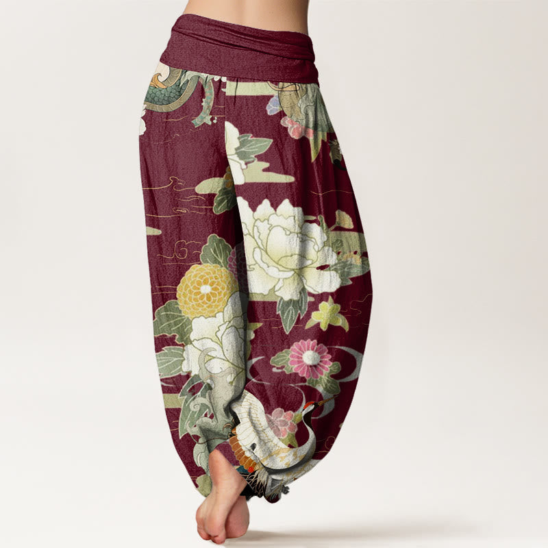 Pantalones harén de cintura elástica para mujer con estampado de flores de peonía, dragón y grulla de corona roja, estilo casual, con Buddha Stones - image 3