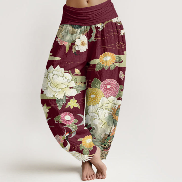 Pantalones harén de cintura elástica para mujer con estampado de flores de peonía, dragón y grulla de corona roja, estilo casual, con Buddha Stones - Granate - US22，UK/AU26，EU54 (6XL) - image 0