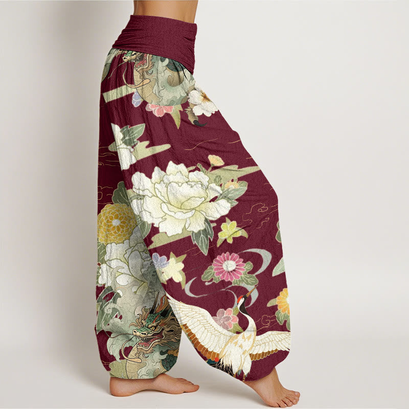 Pantalones harén de cintura elástica para mujer con estampado de flores de peonía, dragón y grulla de corona roja, estilo casual, con Buddha Stones - image 1