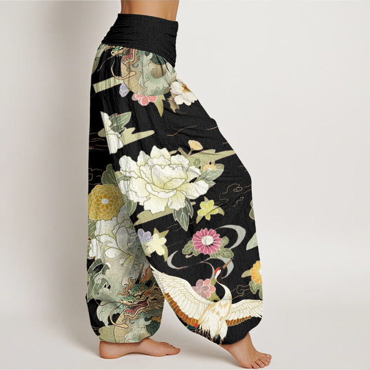 Pantalones harén de cintura elástica para mujer con estampado de flores de peonía, dragón y grulla de corona roja, estilo casual, con Buddha Stones - image 5
