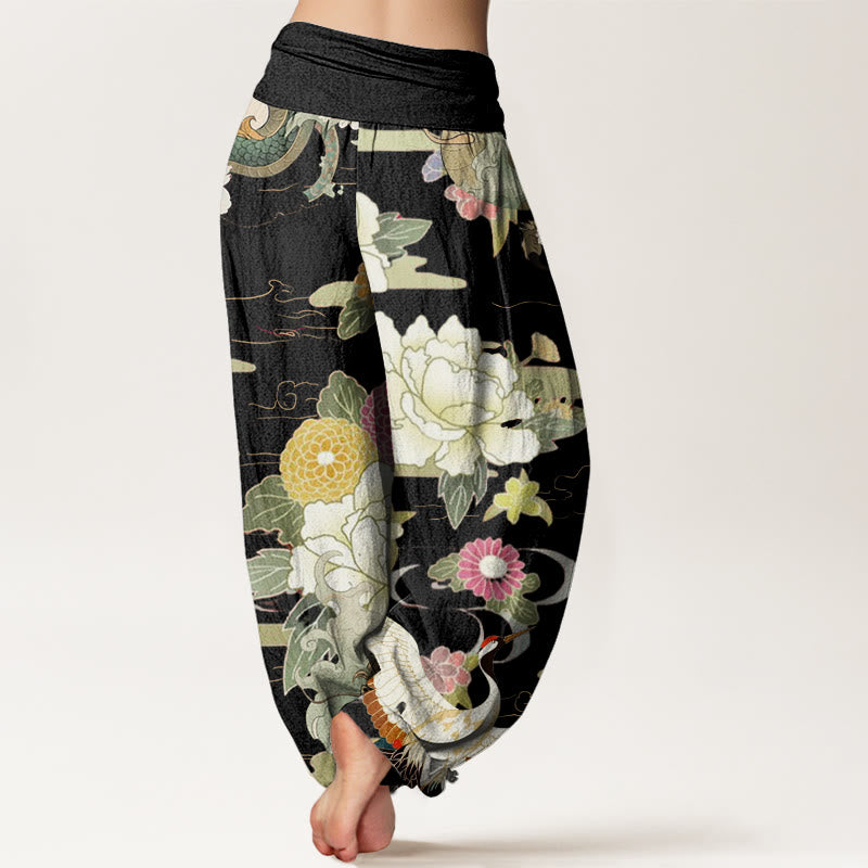 Pantalones harén de cintura elástica para mujer con estampado de flores de peonía, dragón y grulla de corona roja, estilo casual, con Buddha Stones - image 7