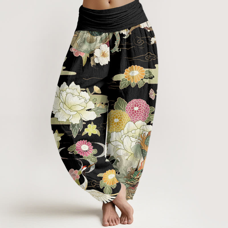 Pantalones harén de cintura elástica para mujer con estampado de flores de peonía, dragón y grulla de corona roja, estilo casual, con Buddha Stones - Negro - US22，UK/AU26，EU54 (6XL) - image 4