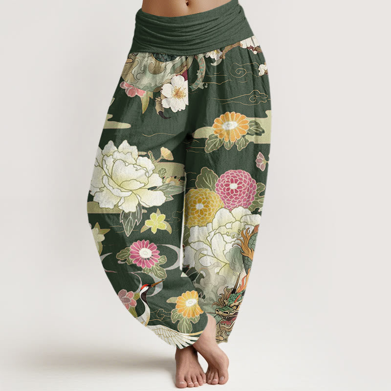Pantalones harén de cintura elástica para mujer con estampado de flores de peonía, dragón y grulla de corona roja, estilo casual, con Buddha Stones - Verde oliva - US22，UK/AU26，EU54 (6XL) - image 7