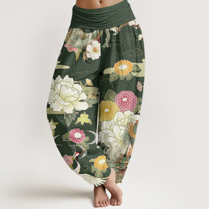 Pantalones harén de cintura elástica para mujer con estampado de flores de peonía, dragón y grulla de corona roja, estilo casual, con Buddha Stones - Verde oliva - US22，UK/AU26，EU54 (6XL) - image 8