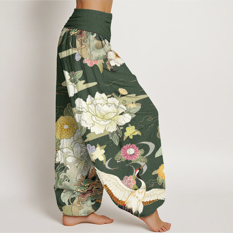 Pantalones harén de cintura elástica para mujer con estampado de flores de peonía, dragón y grulla de corona roja, estilo casual, con Buddha Stones - image 9