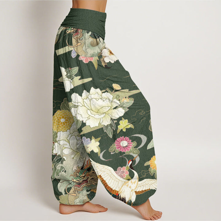 Pantalones harén de cintura elástica para mujer con estampado de flores de peonía, dragón y grulla de corona roja, estilo casual, con Buddha Stones - image 9