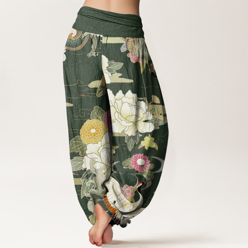 Pantalones harén de cintura elástica para mujer con estampado de flores de peonía, dragón y grulla de corona roja, estilo casual, con Buddha Stones - image 9