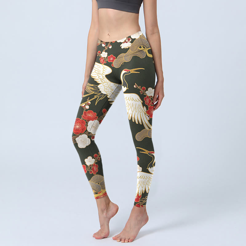 Leggings de yoga para mujer con estampado de Buddha Stones, grullas coronadas rojas y ramas de ciruelo - Negro - US18，UK/AU22，EU50 (4XL) - image 0