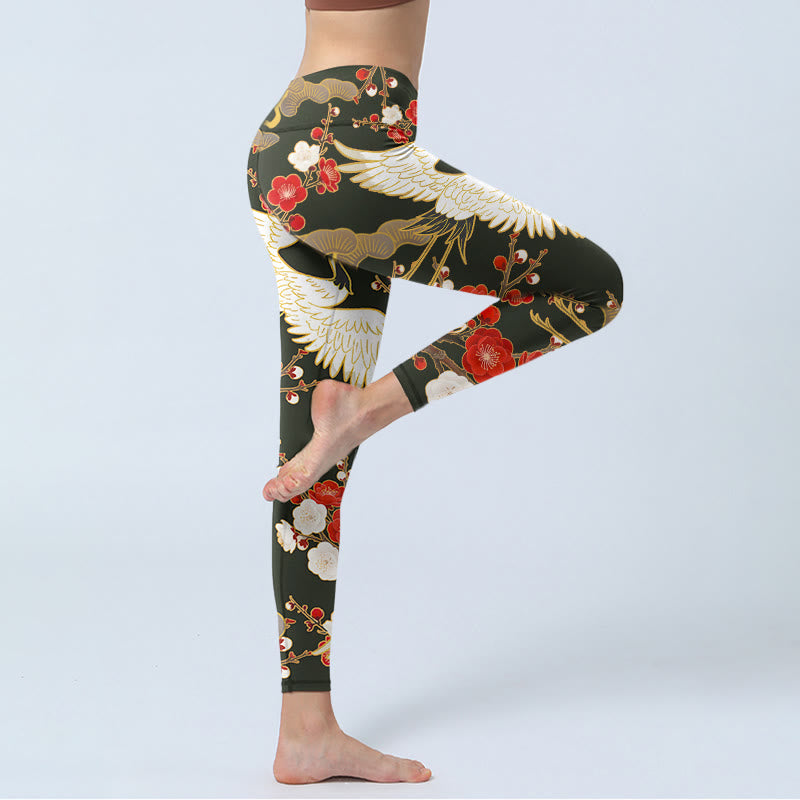 Leggings de yoga para mujer con estampado de Buddha Stones, grullas coronadas rojas y ramas de ciruelo - image 3