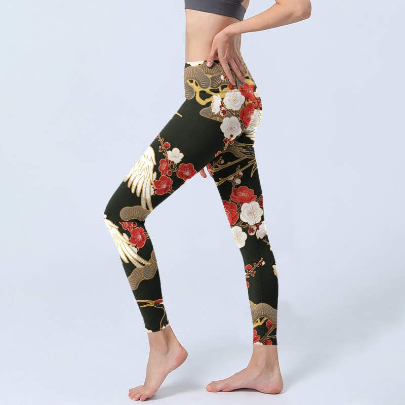 Leggings de yoga para mujer con estampado de Buddha Stones, grullas coronadas rojas y ramas de ciruelo - image 2