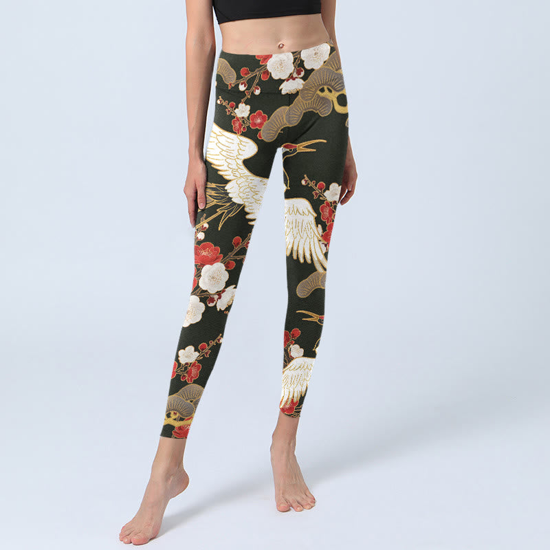 Leggings de yoga para mujer con estampado de Buddha Stones, grullas coronadas rojas y ramas de ciruelo - image 6