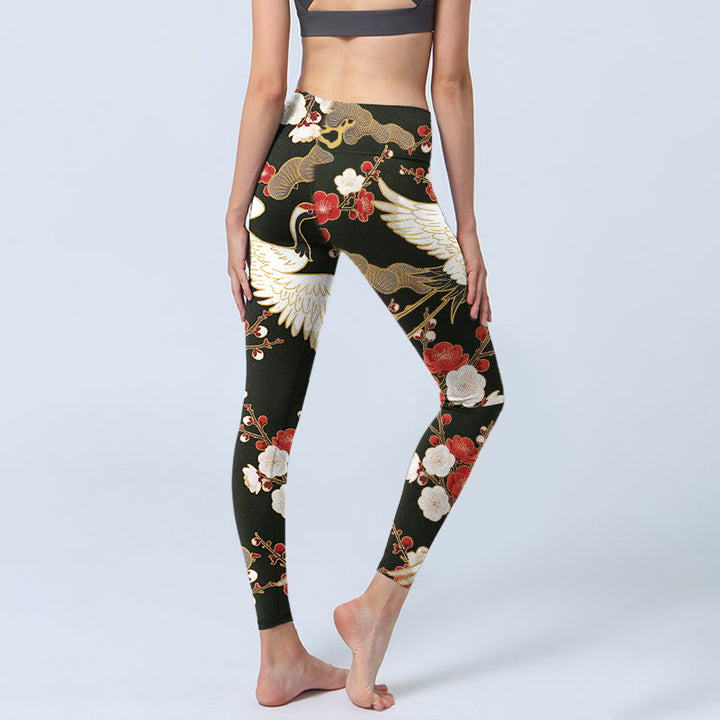 Leggings de yoga para mujer con estampado de Buddha Stones, grullas coronadas rojas y ramas de ciruelo - image 4