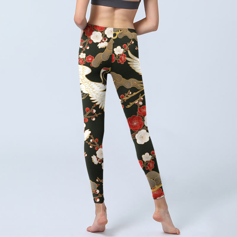 Leggings de yoga para mujer con estampado de Buddha Stones, grullas coronadas rojas y ramas de ciruelo - image 6