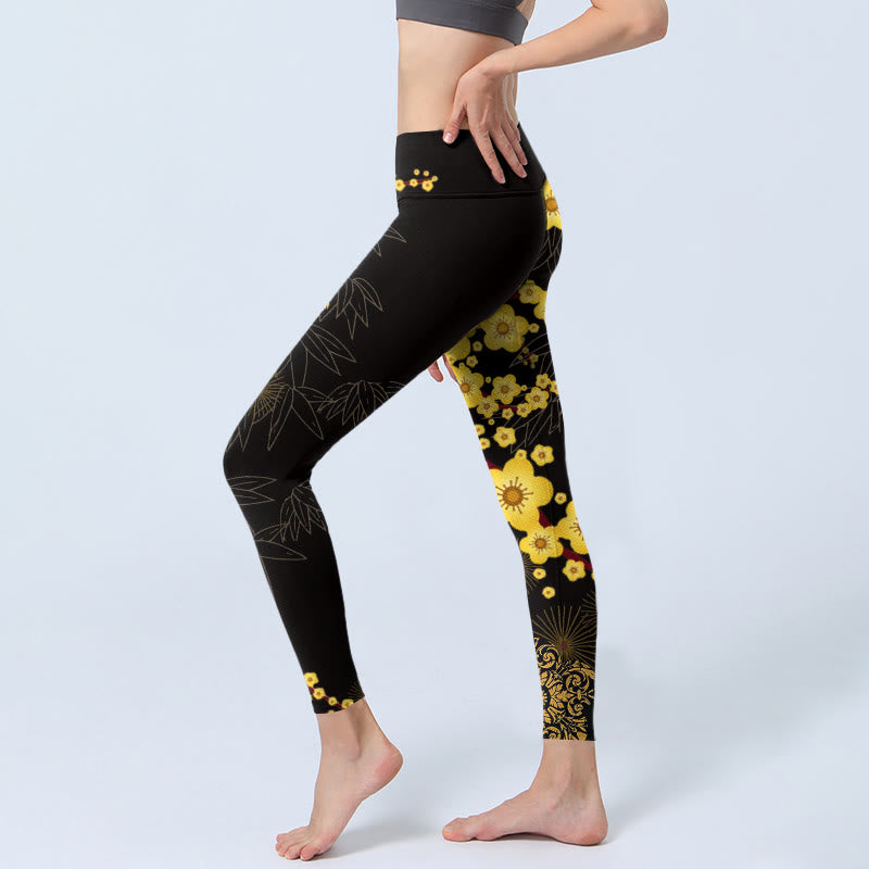 Leggings de yoga para mujer con estampado de Buddha Stones , flores de cerezo amarillas, hojas de bambú y fuegos artificiales - image 3
