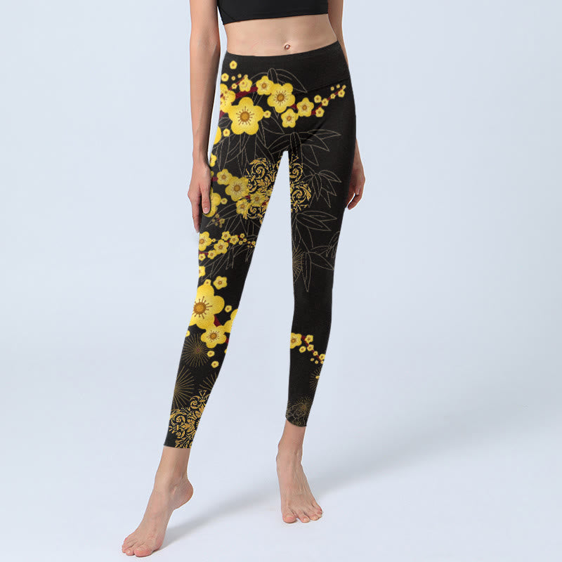 Leggings de yoga para mujer con estampado de Buddha Stones , flores de cerezo amarillas, hojas de bambú y fuegos artificiales - image 6