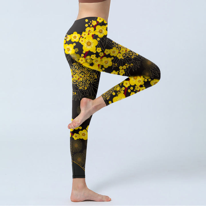 Leggings de yoga para mujer con estampado de Buddha Stones , flores de cerezo amarillas, hojas de bambú y fuegos artificiales - image 4