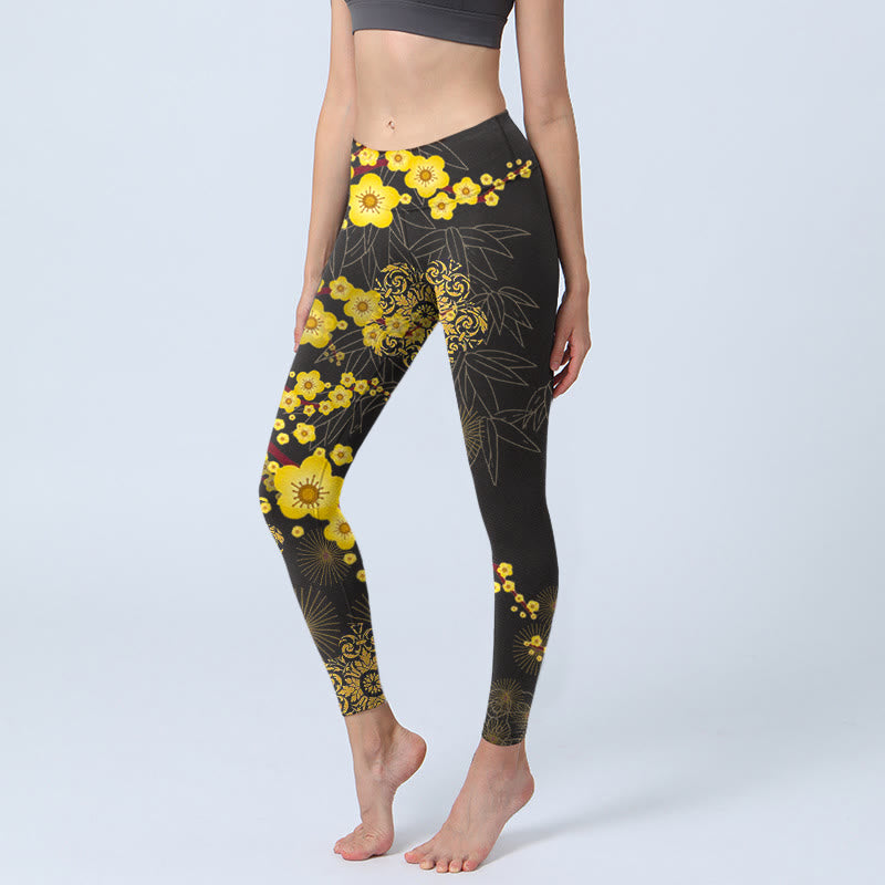 Leggings de yoga para mujer con estampado de Buddha Stones , flores de cerezo amarillas, hojas de bambú y fuegos artificiales - Negro - US18，UK/AU22，EU50 (4XL) - image 0