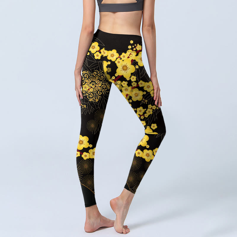 Leggings de yoga para mujer con estampado de Buddha Stones , flores de cerezo amarillas, hojas de bambú y fuegos artificiales - image 4