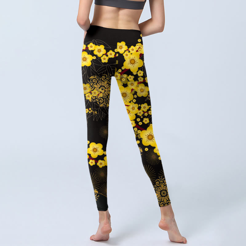 Leggings de yoga para mujer con estampado de Buddha Stones , flores de cerezo amarillas, hojas de bambú y fuegos artificiales - image 7