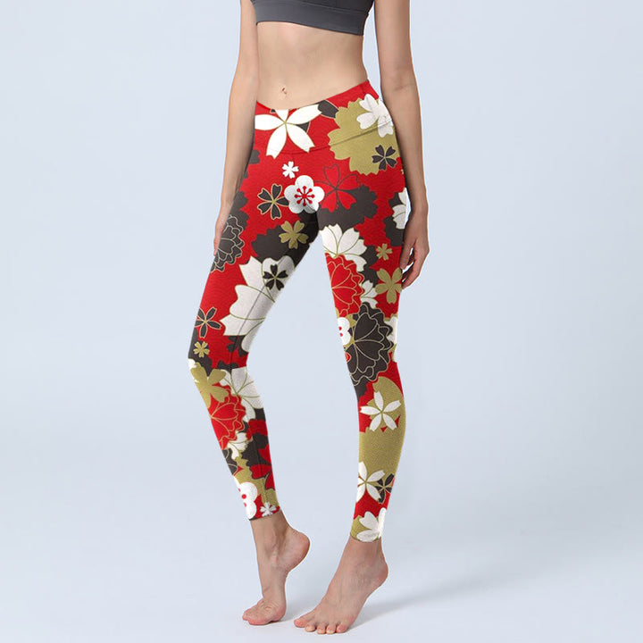 Leggings de yoga para mujer con estampado de pétalos de flor de cerezo y Buddha Stones - Carmesí - US18，UK/AU22，EU50 (4XL) - image 0