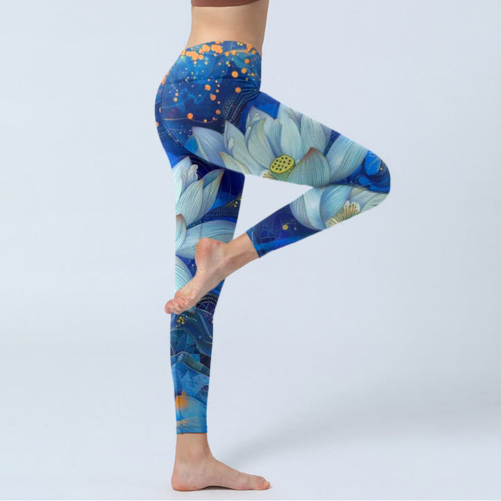 Leggings de yoga para mujer con estampado de loto blanco floreciente y Buddha Stones - image 3