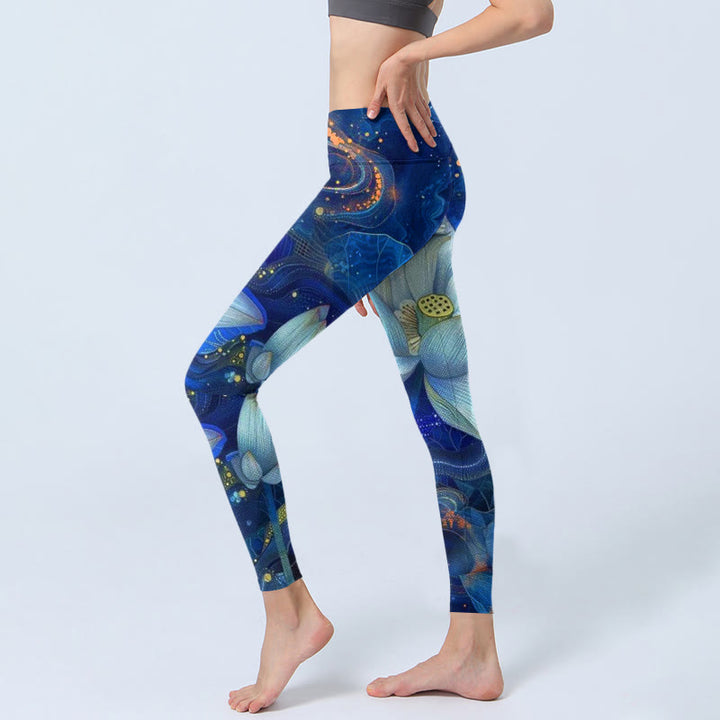 Leggings de yoga para mujer con estampado de loto blanco floreciente y Buddha Stones - image 2